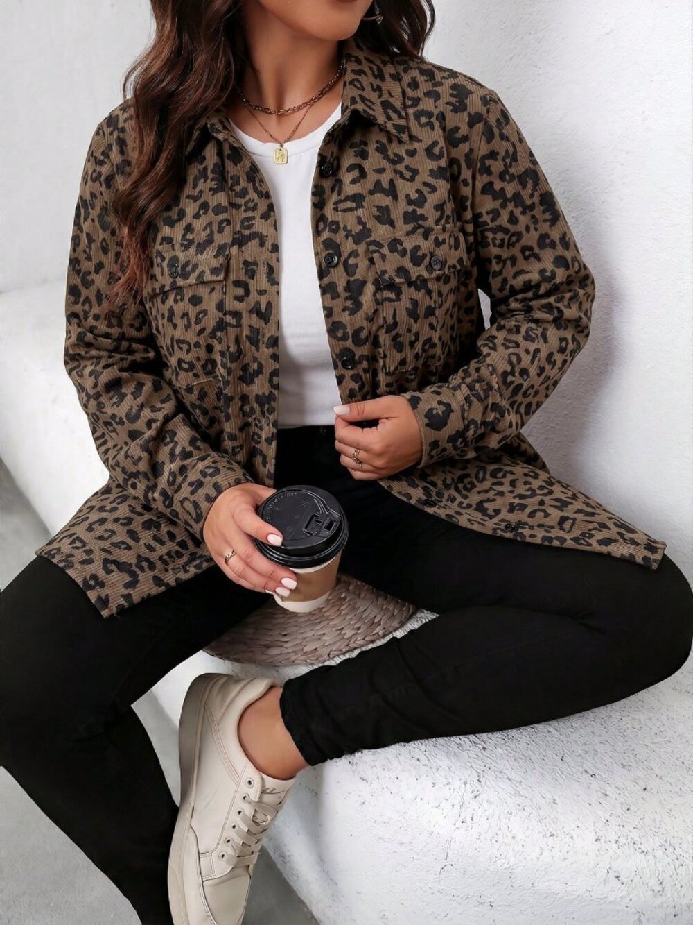 Leopard Print Women's Plus Size Casual Utility Pocket Jacket